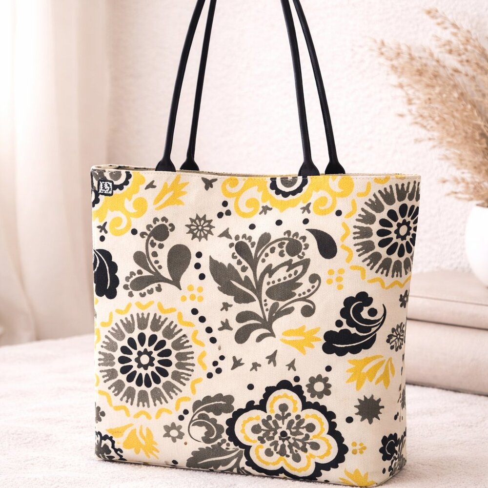 Pure Honey Reversible Canvas Tote Floral & Polka Dot Market Bag NWT